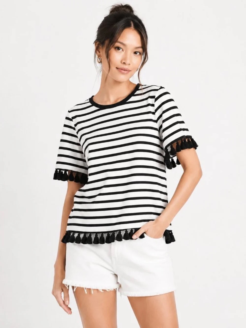 kate spade Black & White Striped Tassel-Hem Short Sleeve Tee